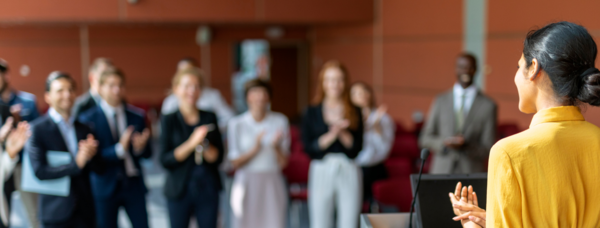 A woman presenting in front of a group of people clapping