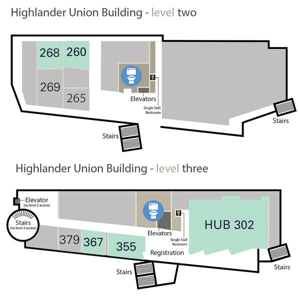 Highlander Union Building (HUB) floor plan for levels two and three.