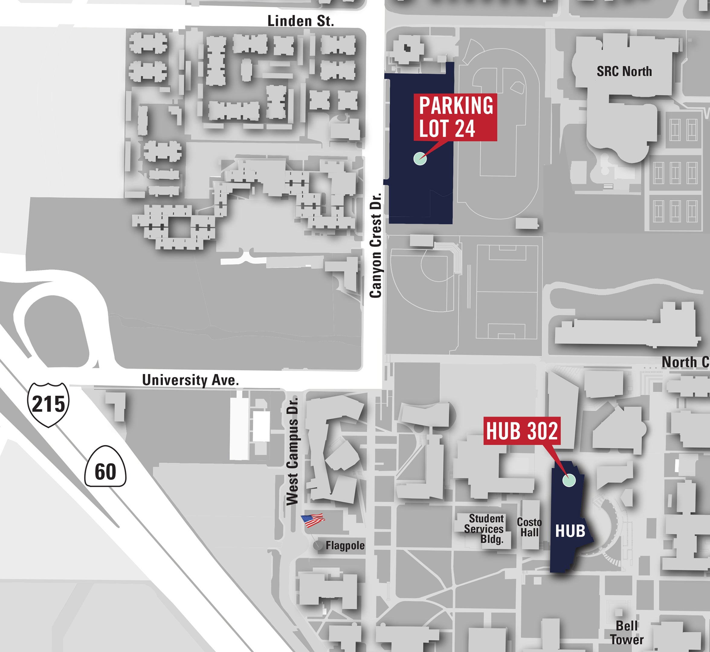 UCR campus map highlighting location of parking lot 25 and Highlander Union Building (HUB) 302.